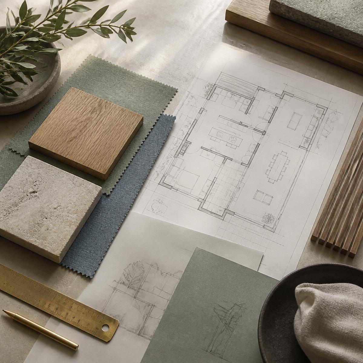 Moodboard mit Grundriss, Holz-, Stein- und Stoffmustern