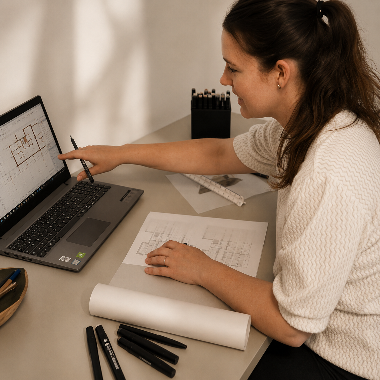 Mandy Materna am Laptop bei der Grundrissplanung