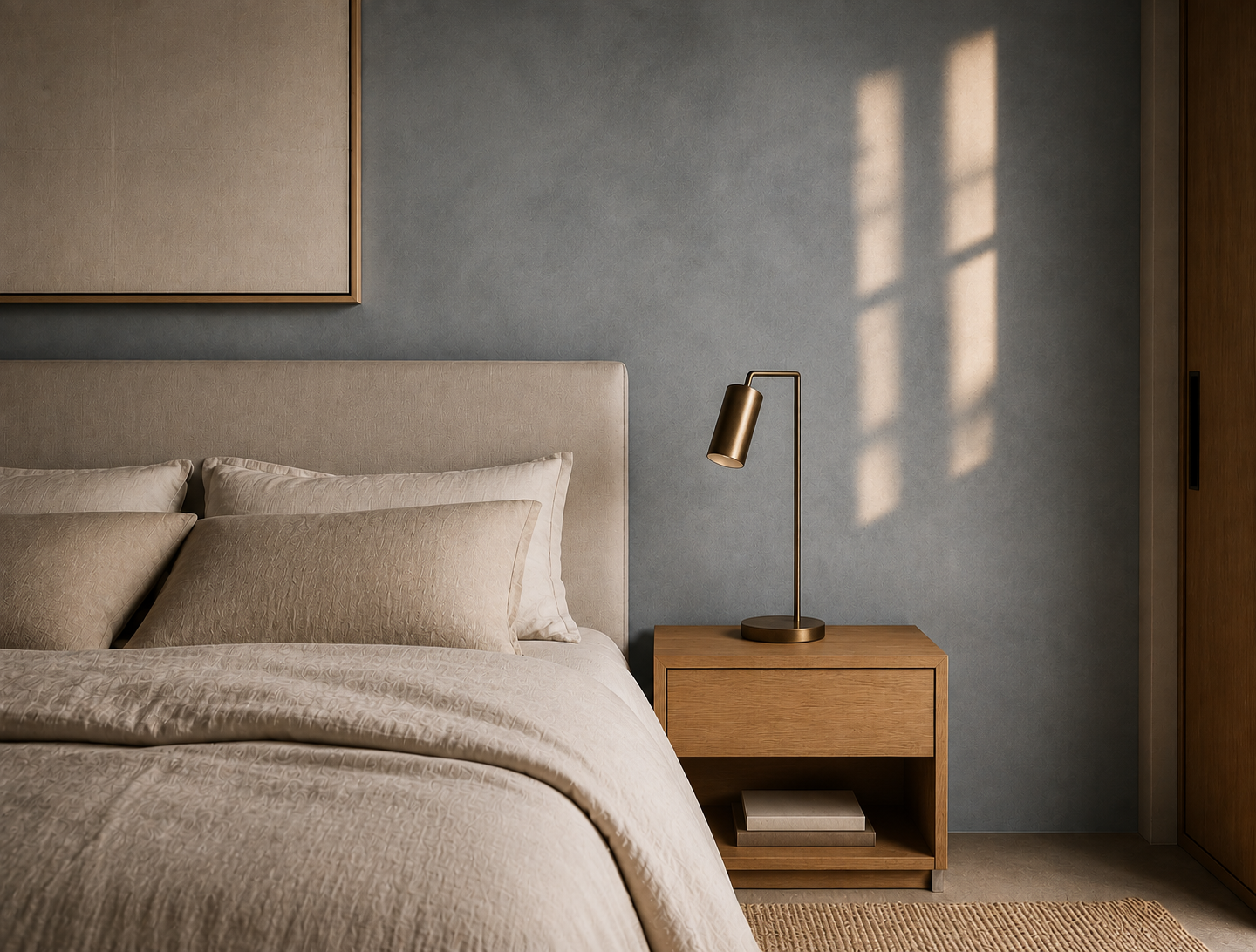 Ruhiges Schlafzimmer mit warmem Tageslicht und Leinenbettwäsche