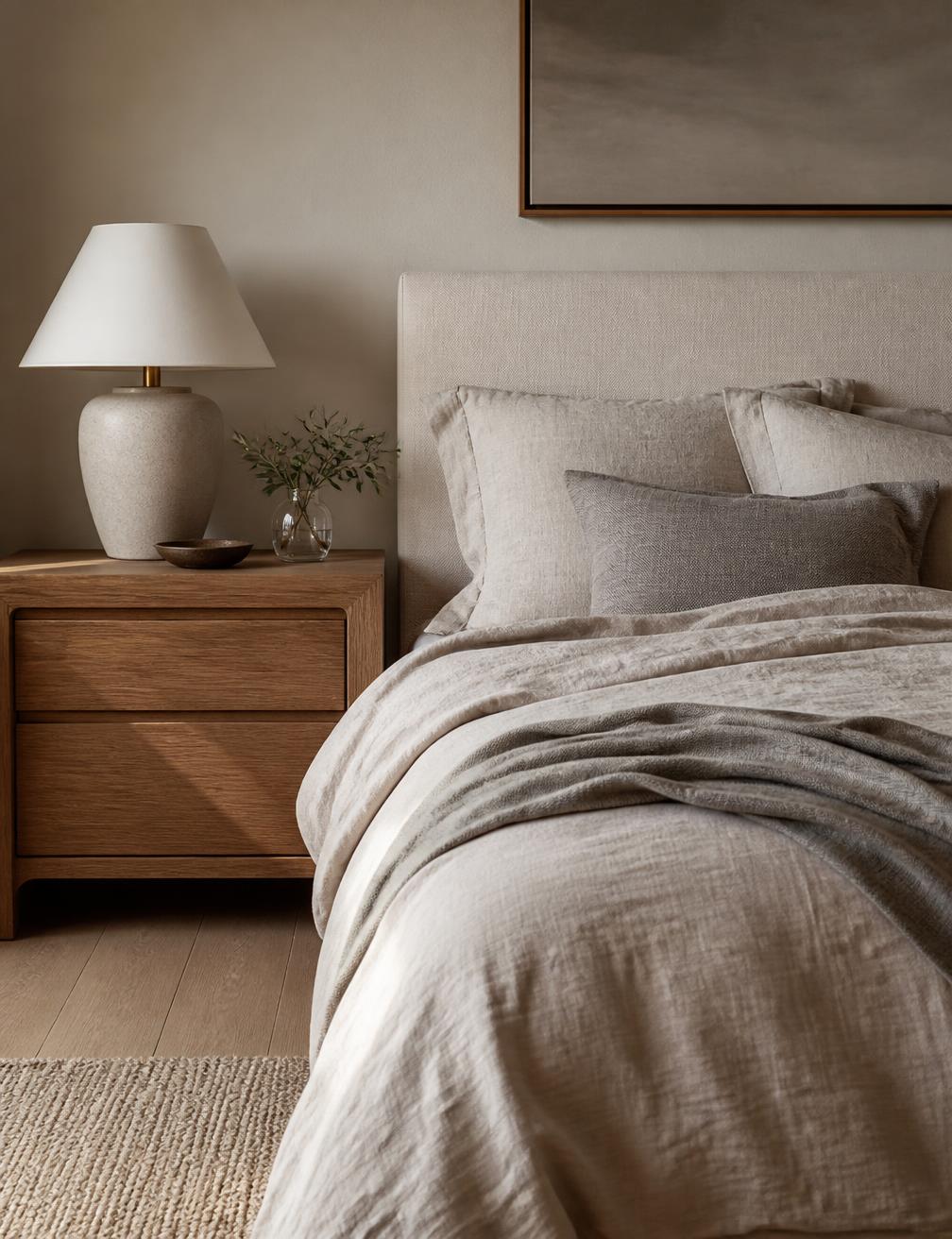 Schlafzimmer mit Naturmaterialien und weichem Morgenlicht